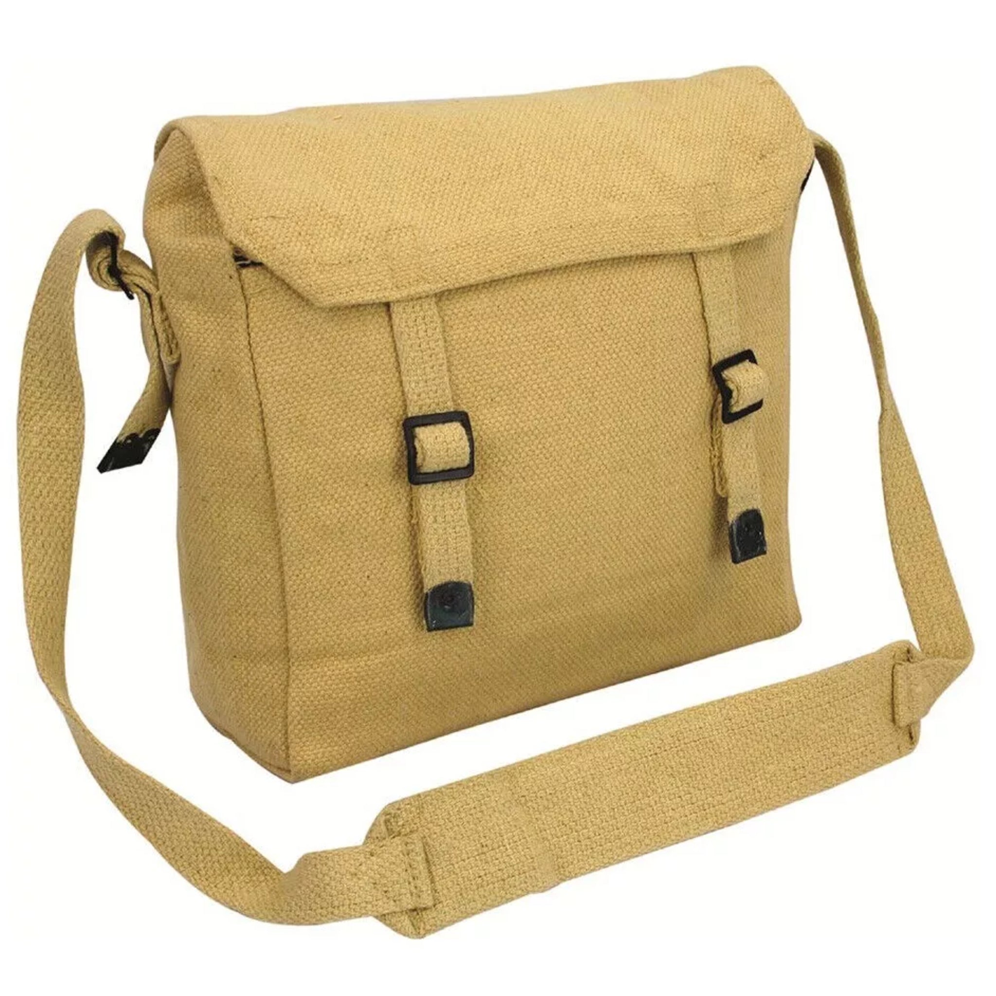 Canvas army military style shoulder bag with adjustable strap and buckle fastening in beige